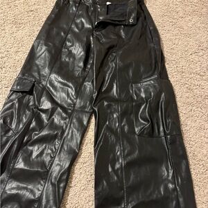 Black Faux Leather Cargo Pants